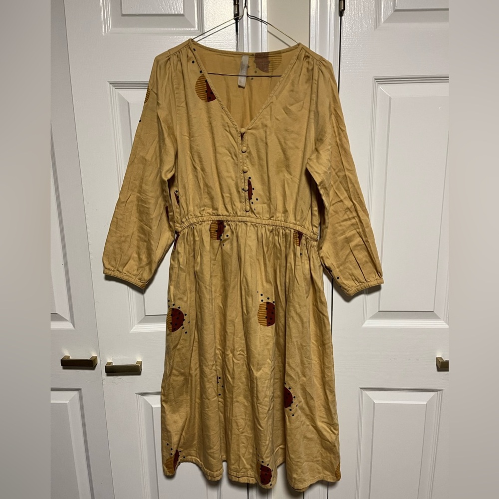 Mata Traders Long Sleeve Dress in Mustard and Brown